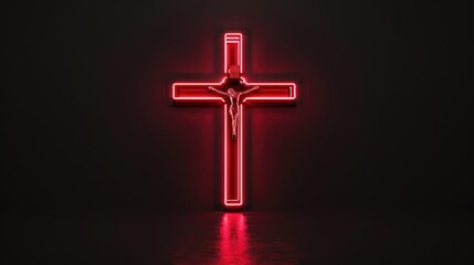 Fototapete - A single red neon cross shines brightly on a dark, matte black background