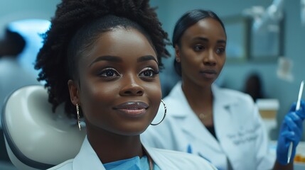 Wall Mural - Two women are in a dentist's office, one of them is smiling. The other woman is wearing a white coat and a blue apron