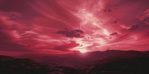 Aufkleber - A scenic view of mountains against a cloudy red sky