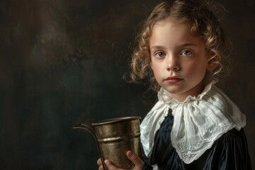 Poster - A young girl in a black dress holds a brass vase, perfect for various editorial or commercial uses