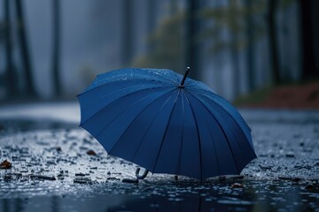 Poster - A blue umbrella sitting on top of a puddle of water, great for illustration or design