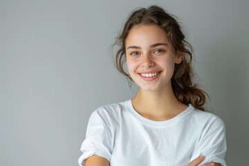 A close-up portrait of a smiling young woman with arms crossed, standing confidently against a neutral grey backdrop