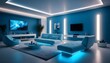 © Shoaib - A futuristic living room with unique furniture arrangements, colorful LED lighting, and gradient walls, photographed in high resolution.