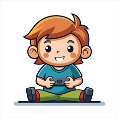 Wall Mural - Cartoon little boy playing video game vector art