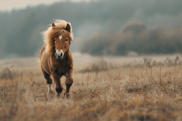 Poster - A brown horse runs freely through a field of dry grass