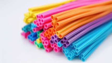 Poster - A stack of vibrant straws on a clean white background, perfect for designs related to summer, parties, or crafts