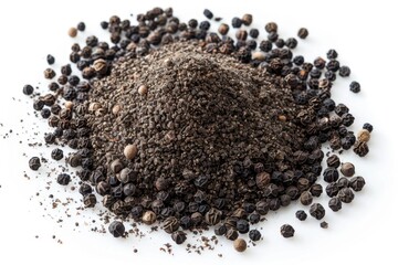 Poster - A close-up view of black pepper seeds arranged on a white surface, ideal for use in culinary or food-related contexts