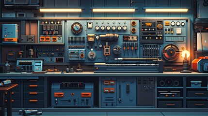 Detailed vector illustration of industrial engineering tools in a workshop setting, focusing on precision and technical expertise. , Minimalism,