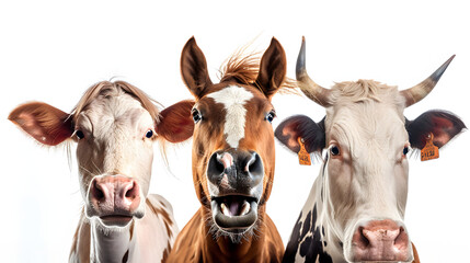 Wall Mural - Portrait of Three Surprised Farm Animals (Horse, Pig, Cow) Isolated on White Background