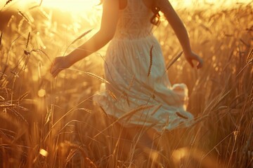 Poster - A woman walks through tall grass wearing a white dress, suitable for use as a background or addition to a scene