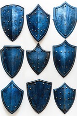 Poster - Set of six blue metal shields with rivets, ideal for use in construction, architecture or design projects