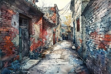 Aufkleber - A whimsical illustration of a narrow alleyway with stone walls and a wooden gate, created in watercolor style