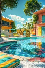 Poster - A sunny day scene of a swimming pool with lounge chairs and a palm tree, ideal for relaxation and leisure