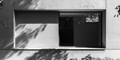 Sticker - A black and white photograph of a window in a building, great for use as a abstract or minimalist design element