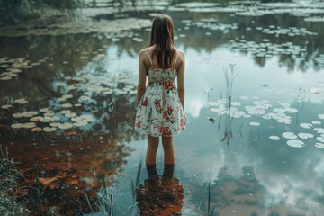 Poster - A woman stands in shallow water wearing a dress