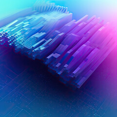 generated illustration of cubes are forming a futuristic cityscape in blue and purple light