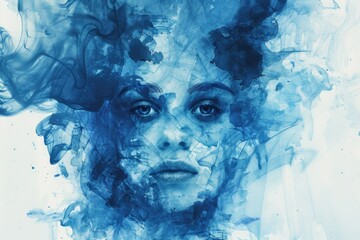 Poster - Close-up shot of a woman's face with blue ink, suitable for use in designs related to creativity and self-expression