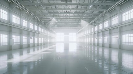 Poster - A large industrial warehouse with numerous windows providing natural light
