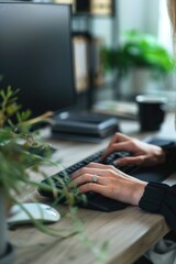 Aufkleber - A person working at a desk with a computer and a keyboard, possibly doing office work or writing