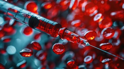 Poster - A syringe filled with blood sitting on a table, possibly for medical or forensic purposes