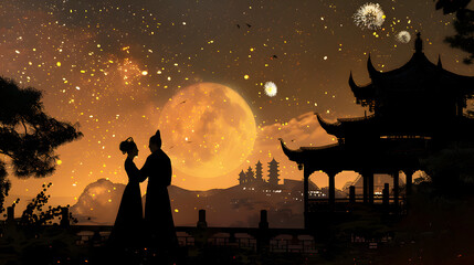  Chinese Ancient Architecture at Night During a Fireworks Festival. A Romantic Scene Featuring a Couple Enjoying the Celebration Amidst Traditional Chinese Culture. Capturing the Beauty and Magic of a 