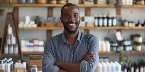Poster - A person holding a shelf filled with various glass containers