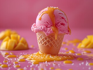 Mango ice cream cone isolated on pastel color background, Mango slices are poured and overturned