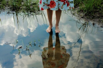 Poster - A person holding an umbrella stands in a puddle, providing protection from the rain