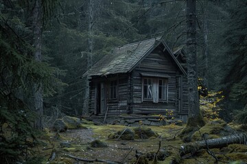 Poster - Cozy wooden cabin surrounded by trees in a dense forest