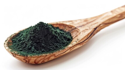 Poster - A close-up shot of a wooden spoon filled with green powder sitting on a white surface