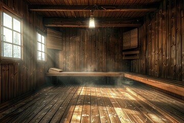 Aufkleber - A cozy wooden room with a bench and a window, perfect for reading or relaxing