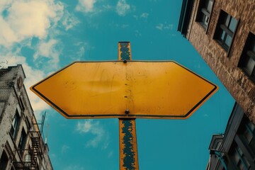Poster - A bright yellow street sign sits beside a tall building, providing clear directions in urban environments