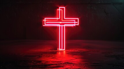 Poster - A bright red neon cross illuminates a dimly lit space, possibly for religious or symbolic purposes