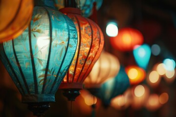 Poster - A bunch of colorful lanterns hanging from the ceiling, perfect for parties, events or decorations