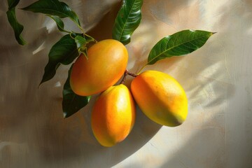 Leinwandbilder - A still life image of three mangoes and some leaves arranged on a table