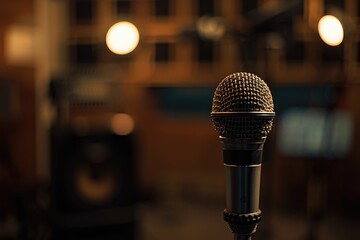 Poster - Microphone in a recording studio with blurred background