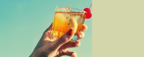 A hand holding a martini glass with a lemon wedge in it. Illustration. Free copy space for text.
