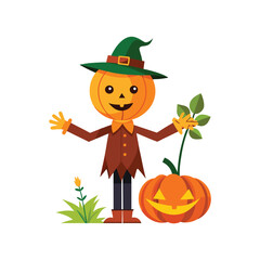 Wall Mural - Cartoon scary halloween pumpkin scarecrow art vector