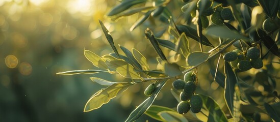 Wall Mural - Olive Tree Branch with Ripe Olives at Sunset