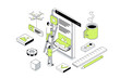 © alexdndz - Web design 3d isometric concept in outline isometry design for web. People creating pages layouts, placing content blocks, programming and coding homepages for mobile phone. Illustration.