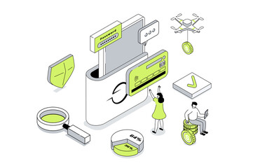 Fototapete - Mobile wallet app 3d isometric concept in outline isometry design for web. People managing financial account and credit cards at online banking service, making money transfer. Illustration.