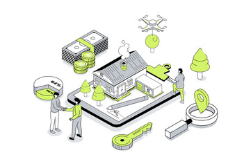 Aufkleber - Mortgage investment 3d isometric concept in outline isometry design for web. People investing money in real estate, buying new apartments, owning property, dealing with broker. Illustration.