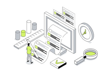 Wall Mural - Online survey 3d isometric concept in outline isometry design for web. People giving feedback and evaluation, marking answer in questionnaire, voting in digital form on computer. Illustration.