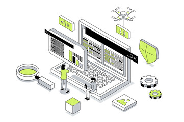 Fototapete - Programming 3d isometric concept in outline isometry design for web. People working with code at laptop screen, creating software, prototyping and making optimization programs. Illustration.