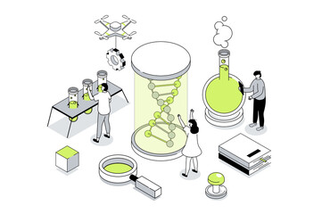 Wall Mural - Science laboratory 3d isometric concept in outline isometry design for web. People researching dna molecule in glass, doing genetic tests and clinical experiments in flasks. Illustration.