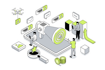 Leinwandbilder - Social media marketing 3d isometric concept in outline isometry design for web. People advertising online shop for attracting of target audience, getting orders and clients. Illustration.