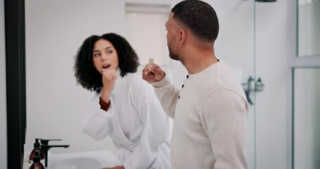 Poster - Dental, brushing teeth and couple in bathroom for wellness, oral hygiene or morning routine.Toothbrush, cleaning and happy man with woman for fresh breath, healthy mouth or self care in home