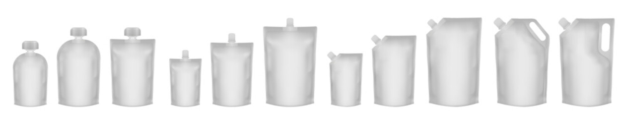 spouted pouch with handle. set of white doypack packaging with screw cap. stand up doy pack mock up 
