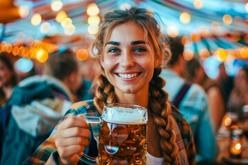 Wall Mural - Smiling woman with braids holding a beer mug, enjoying the vibrant atmosphere of Oktoberfest.