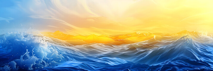 Wall Mural - Blue, yellow abstract ocean wave sunrise, sunshine, sun texture.